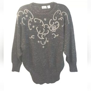 Nilani Vtg 80s Holiday Dolman Tunic Sweater Woman Lg Shimmer Black Beaded Granny